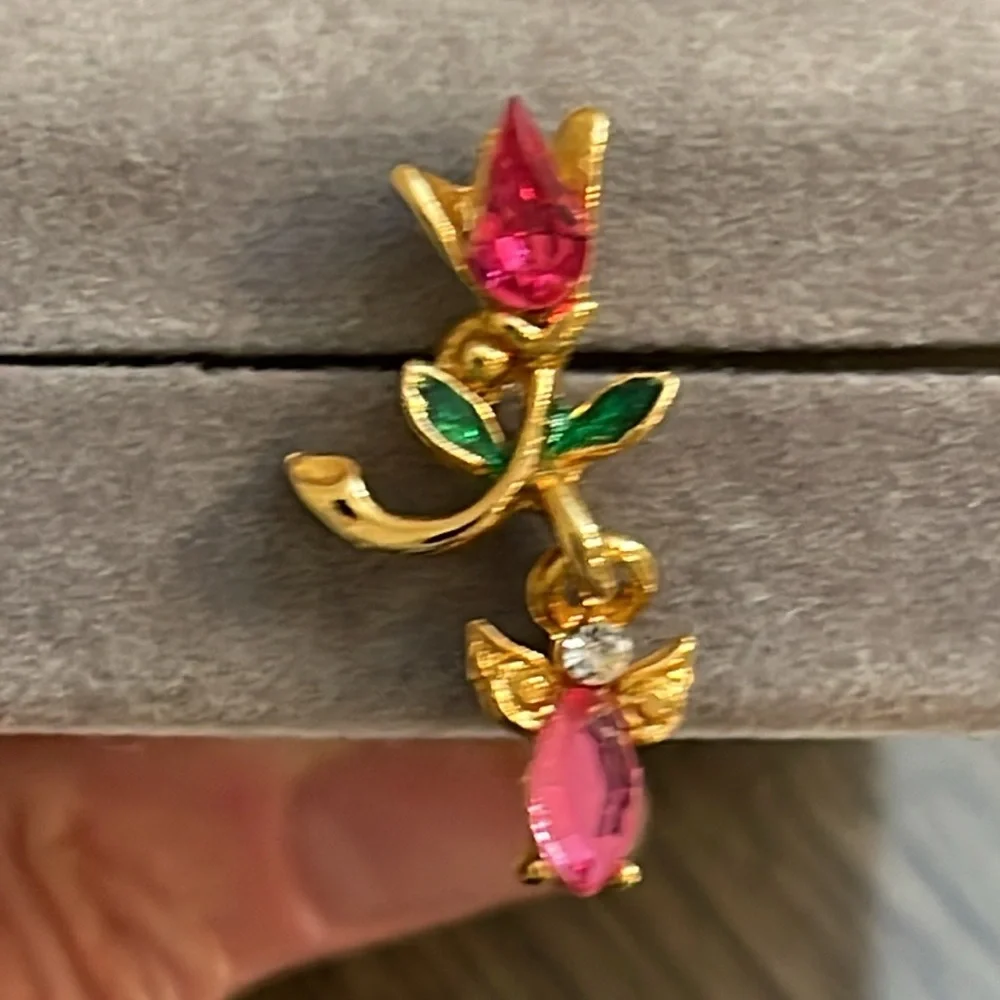 Vintage Tulip with a Dangling Angel Charm Gold-tone with Pink Rhinestones